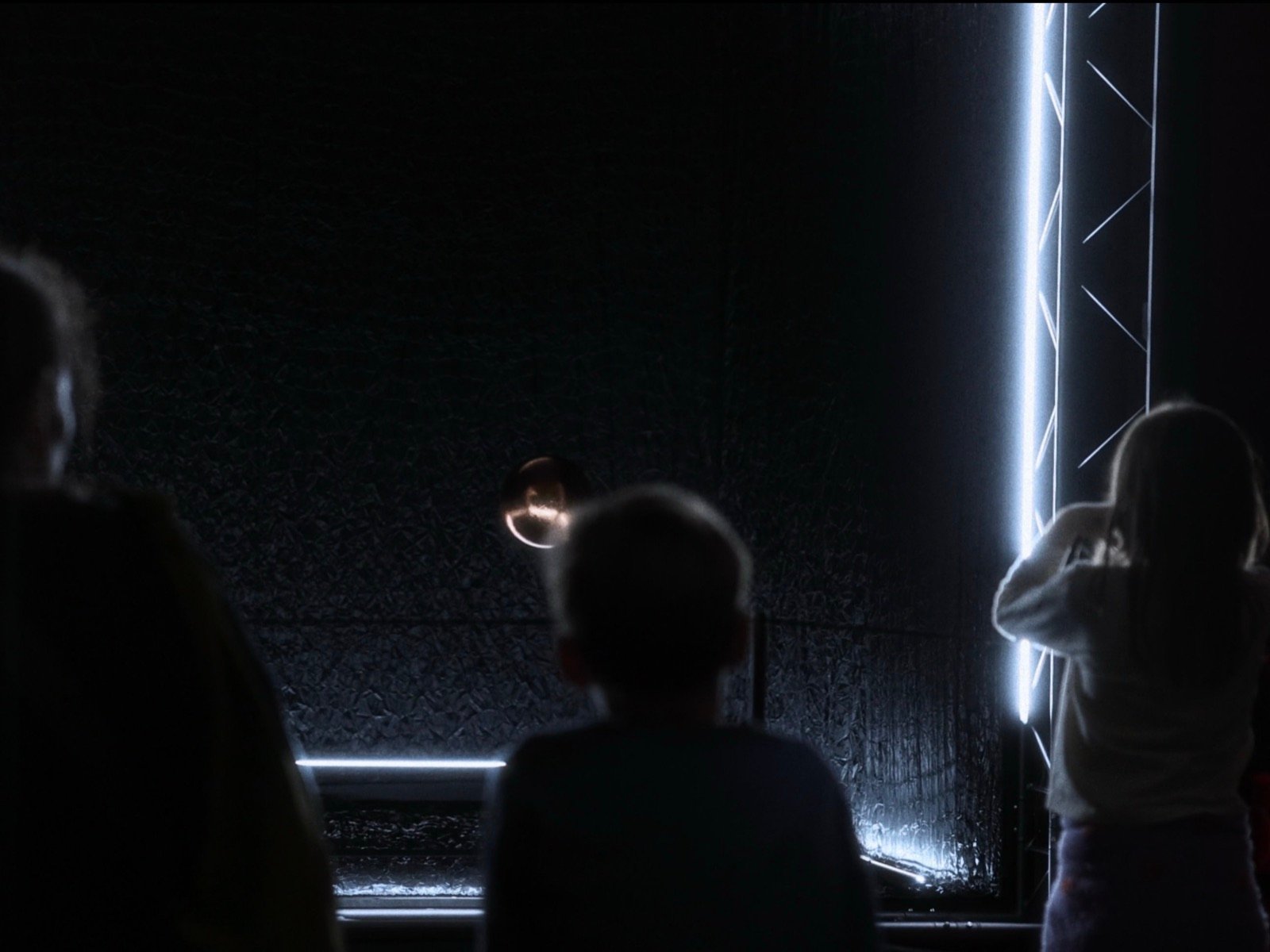 Visitors, seen from behind, watching Aethéris' copper sphere in flight