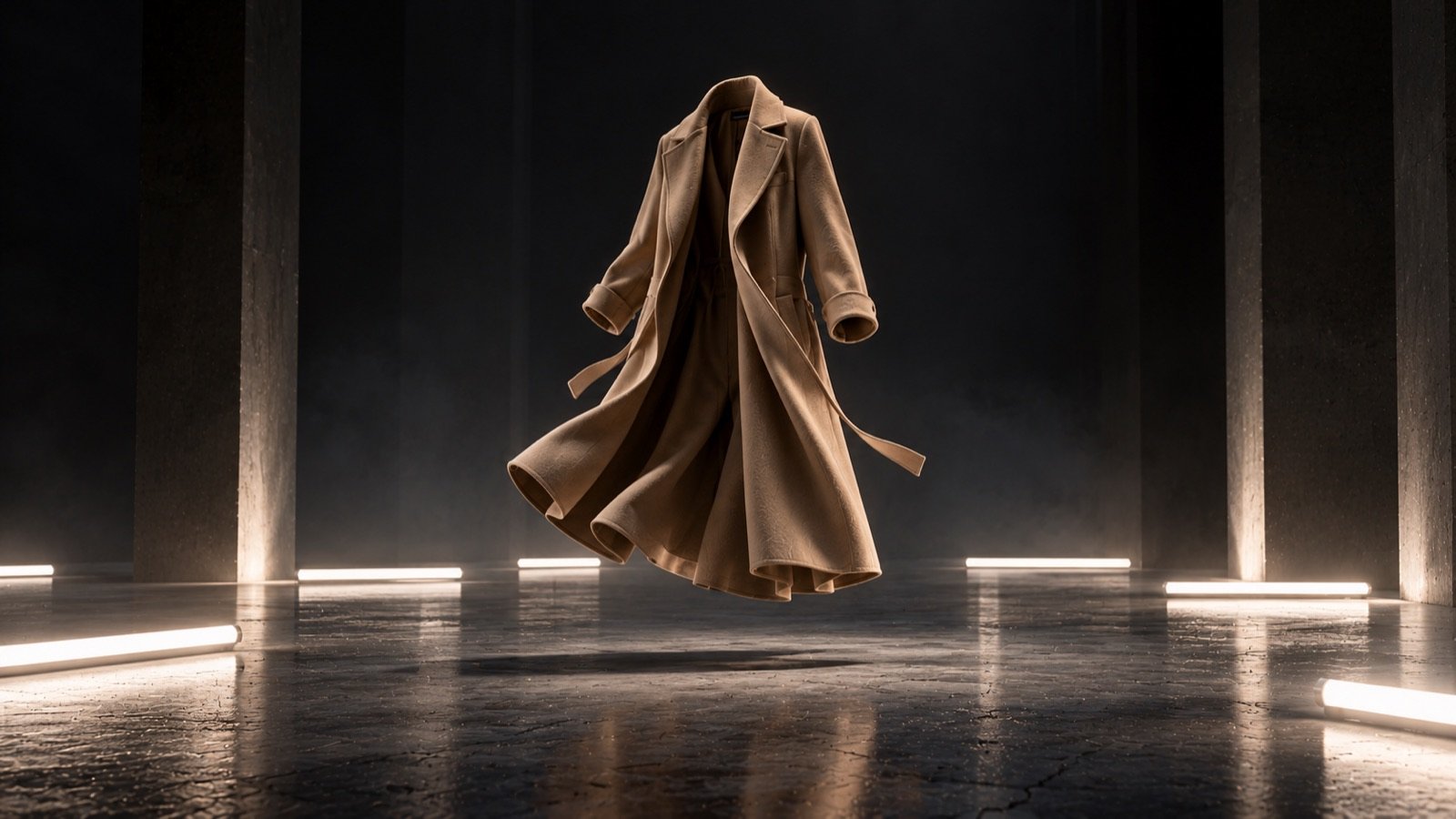 A beige wool coat suspended in flight in a concrete hall lit by neon tubes