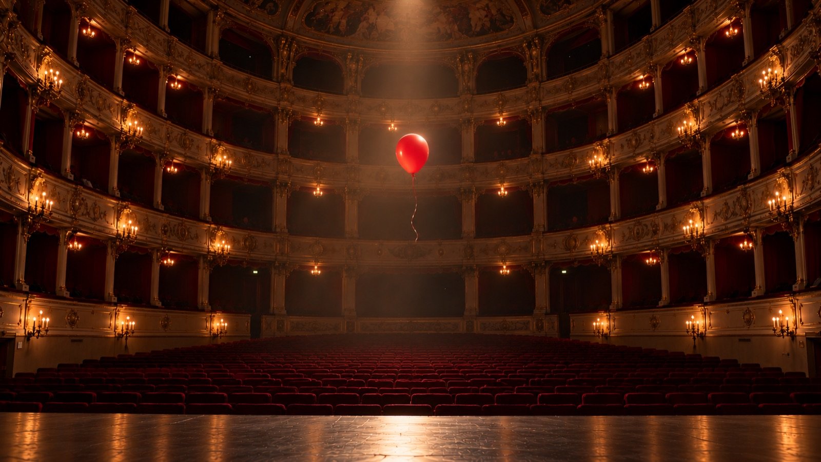 A red balloon floating alone above an empty opera house
